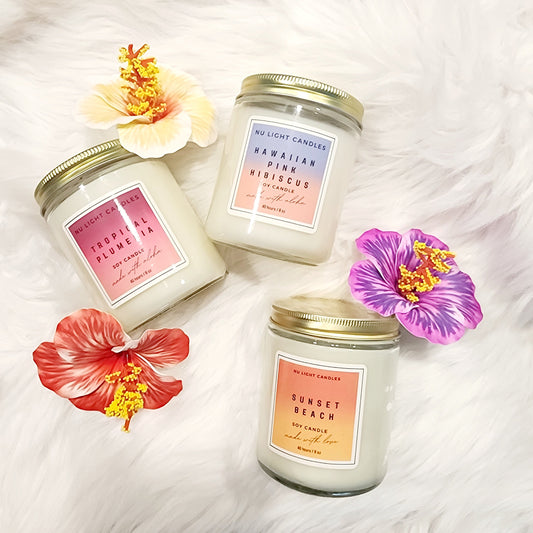 Scent Escape: Exploring Summer Candle Fragrances Hawaiian Pink Hibiscus, Tropical Plumeria, and Sunset Beach