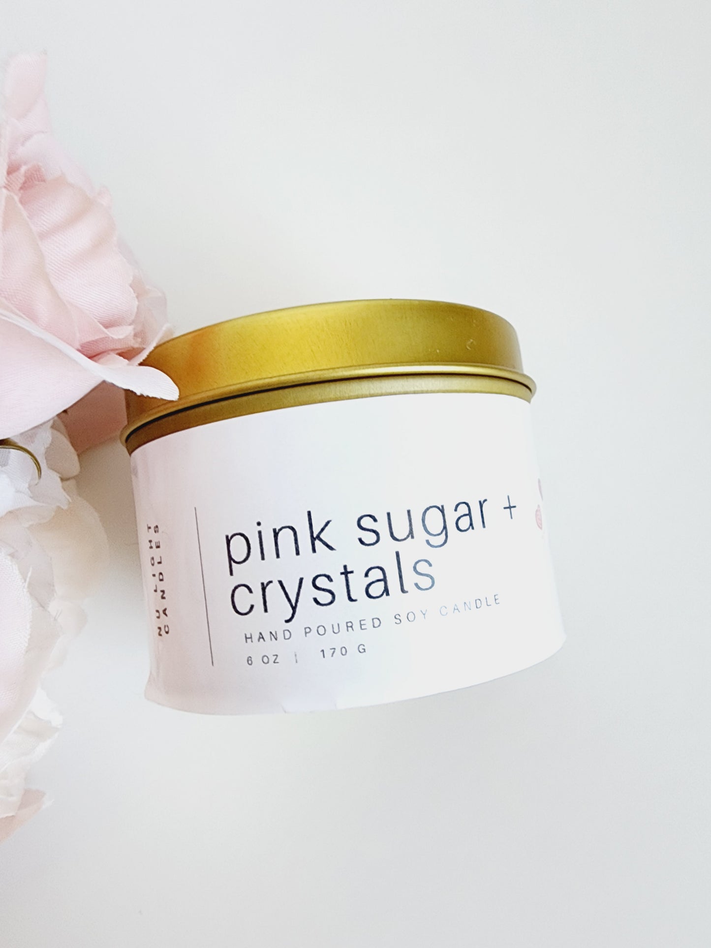 Pink Sugar Crystals 6oz Gold Tin Soy Candle