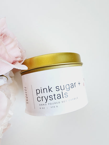 Pink Sugar Crystals 6oz Gold Tin Soy Candle